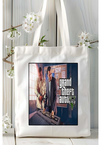 Art Hediye Grand Theft Auto Gta Oyun Baskılı Bez Çanta Omuz Çantası Kişiye Özel Model 25 Çok Renkli