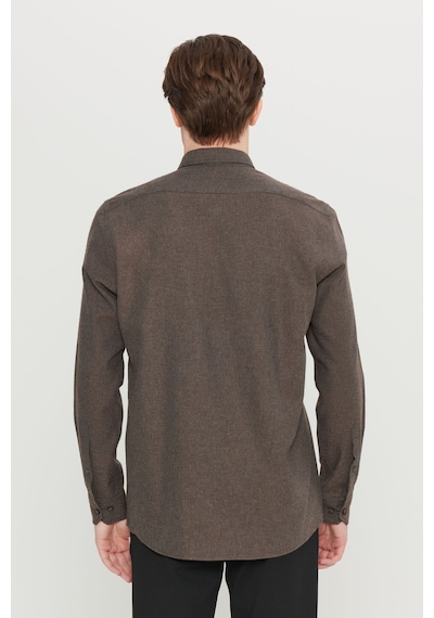 Altınyıldız Classıcs Erkek Kahverengı Pamuklu Slim Fit Dar Kesim Düğmeli Yaka Diagonal Desenli Flanel Gömlek Kahverengi