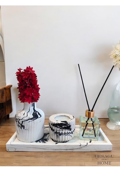 Mermer Desenli Mum Ve Vazo Seti - Vazo Oda Kokusu Tealight Mumluk Ve Mum Dikdörtgen Tepsili Beyaz - Siyah
