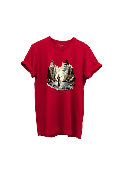 Balık Tutma Temalı Kampçı Desenli %100 Pamuk Regular Fit Unisex T-shirt Kırmızı