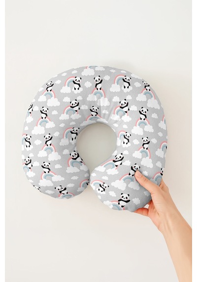 Panda Bulutlu Gökkuşağı Desenli Ergonomik Boyun Yastığı - Sevimli Pastel Gri Pembe Seyahat Yastığı Çok Renkli
