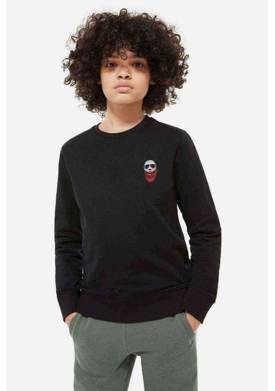 Tshirthane Panda 3D Gözlüklü Baskılı Unisex Çocuk Siyah Sweatshirt Siyah