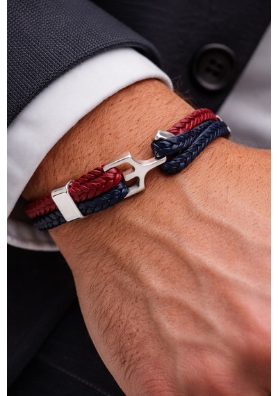 Crimson Navy Knot Hakiki Deri Örgü Çelik Detay Erkek Bileklik-50-672 Antrasit