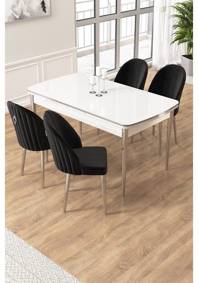 Canisa Edaf Serisi 80x132 Açılabilir Beyaz Mutfak Masa Takımı 4 Siyah Sandalye Krom Detay Masa Beyaz Sandalye Siyah Krom Ayak Canisa Edaf Serisi 80x132 Açılabilir Beyaz Mutfak Masa Takımı 4 Siyah Sandalye Krom Detay Masa Beyaz Sandalye Siyah Krom Ayak