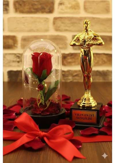 Home Dekor Hediye Sevgililer Gününe Romantik Hediye Yılın En İyi Sevgilisi Oscar Biblo Ve Işıklı Mika Fanus Gül Seti