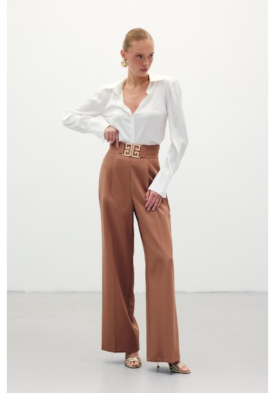Sateen Bel Aksesuarlı Bol Paça Pantolon - Camel