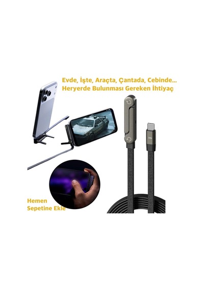 Type-c 240w Extra Dayanıklı Super Hızlı 480 Mps Veri Aktarımı Hem Stand Hem Şarj Kablosu Bir Arada Siyah - 841269187