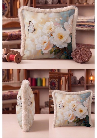 Çiçek Kelebek Desenli Saçaklı Yastık Kılıfı-sanatsal Floral Mavi Krem Vizon Püsküllü Kırlent Kılıfı Puslu Esinti Aura Çiçek Kelebek Desenli Saçaklı Yastık Kılıfı-sanatsal Floral Mavi Krem Vizon Püsküllü Kırlent Kılıfı Puslu Esinti Aura