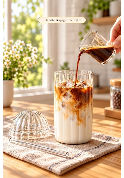 Tilbe Home 2'li Kubbe Kapaklı Pipetli Bardak İskandinav Kahve Sunum Bardağı 430ml Set