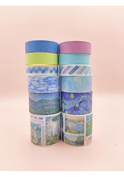 Tr Art Vintage Washi Tape Bant Yapışkanlı Maskeleme Kağıdı Desenli Bant 12'li - Mavi Van Gogh Tabloları