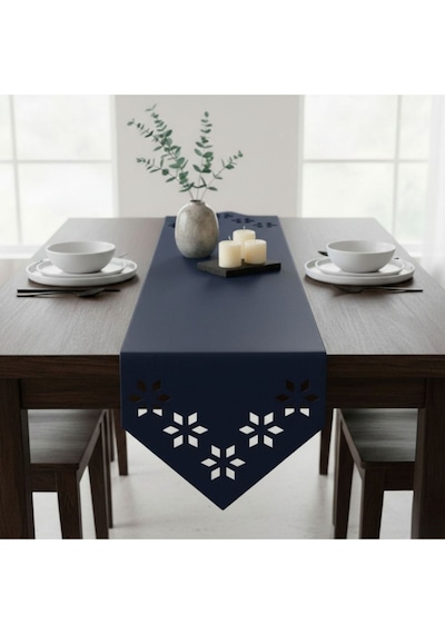 1 Adet Deri Runner-40x140 Cm-çiçek Desenli Runner Lacivert