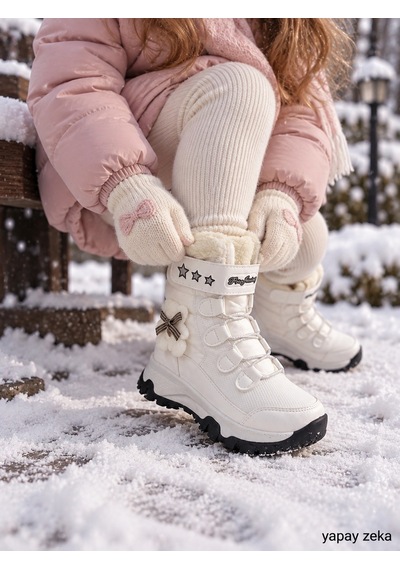 Mini Bonito Kız Çocuk Kürklü Kar Botu Cırt Cırtlı Kalın Tabanlı Kışlık Bot Bej
