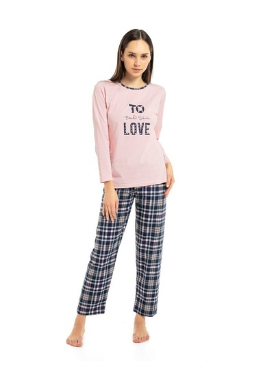 Vishenka Vıshenka Kadın Love Yazı Baskılı %100 Pamuk Pembe Pijama Takımı Pembe