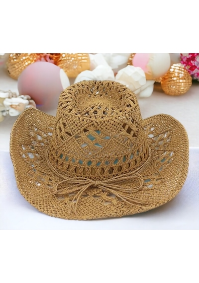 Shopiolog Geniş Kenarlı Etnik Dokulu Uv Korumalı Hasır Kovboy Şapka Camel