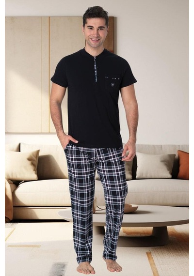 Mecit Pijama Mecit 2901 Lacivert Ekoseli Büyük Beden Erkek 3'lü Pijama Takımı 001