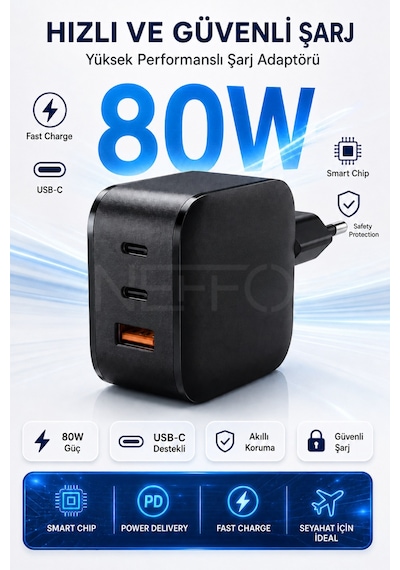 80w Çift Portlu 2x Usb-c Usb-a Girişli Akıllı Hızlı Şarj Adaptörü