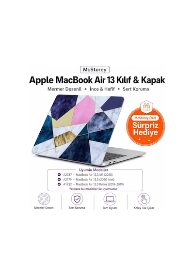 Macbook Air 13.3 İnç Kılıf A1932 A2179 A2337 M1 Uyumlu Hard Case Sert Koruyucu Kapak Geometrik Mermer Desenli İnce Hafif Laptop Kılıfı Belirtilmemiş