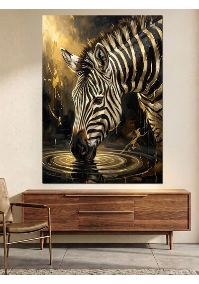 Suda Yansıyan Zebra İçen Su Dekoratif Kanvas - Mdf Ahşap Tablo