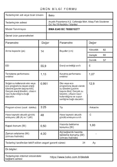 Beko BMA 6340 BC 6 Programlı 14 Kişilik Bulaşık Makinesi
