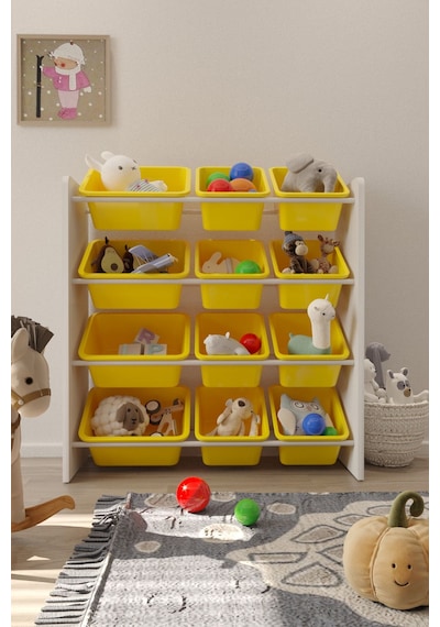 12 Sepetli Çok Amaçlı Oyuncak Dolabı Montessori Dolap Sarı