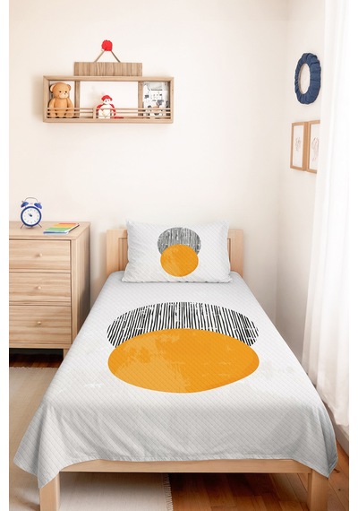 Geometrik Sarı Genç Odası Tek Kişilik Pike Takımı - Gri Minimal 160x220 Cm Kapitone Yatak Örtüsü Kavrulmuş İz Baharı