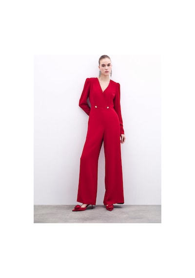 Sateen Kruvaze Süs Taşlı Krep Tulum - Kırmızı