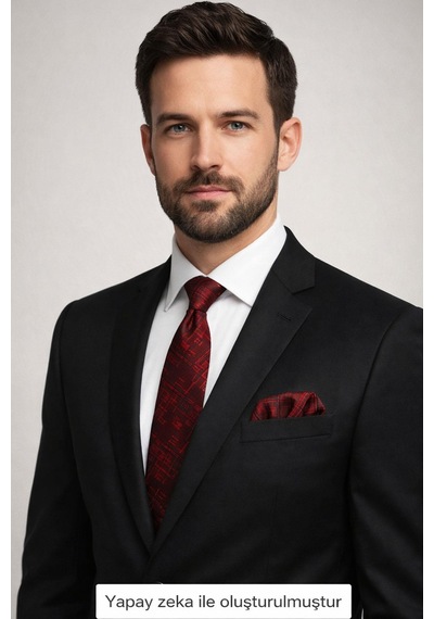 Gaffy Siyah Kırmızı Kırcıl Desenli Bordo Dokuma Kumaş Mendilli Slim Fit Kravat // Sdk-2611-4 Bordo