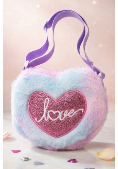 Mollycrush Hediye Love Nakışlı Kız Çocuk Mor Peluş Çanta Simli Kalp Ve Yazı Mor
