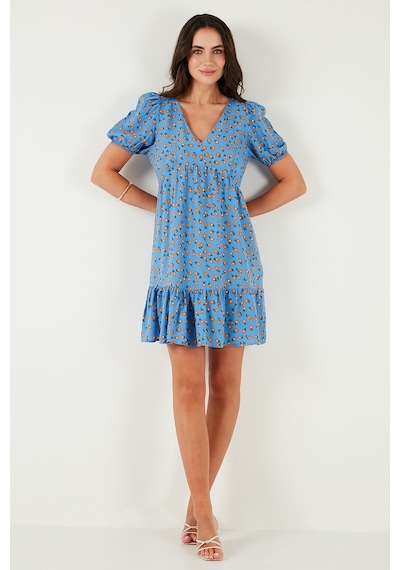 Lela Regular Fit V Yaka Balon Kol Desenli Mini Bayan Elbise 67810045 Mavi
