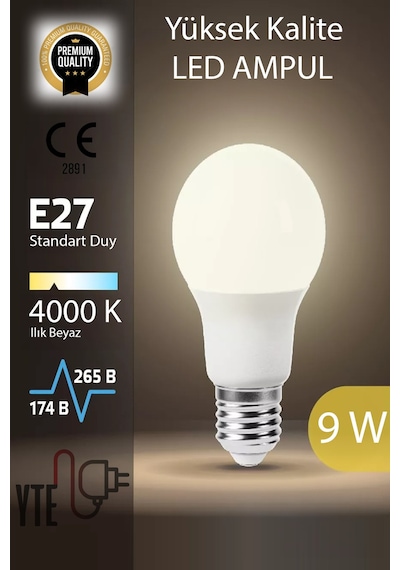 4000 K E 27 Led Ampul Ilık Beyaz 9 W Yüksek Kalite Göz Yormayan Ampul