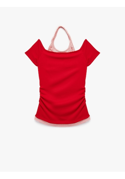 Koton Viskon Slim Fit Omzu Açık Kısa Kollu Halter Yaka Tişört Kırmızı 7wal10338ık