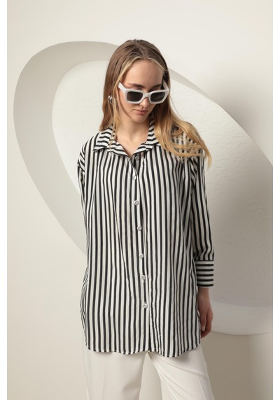 Chıcnhappy Poplin Kalın Çizgi Kadın Gömlek Siyah 24pn50610147 Siyah