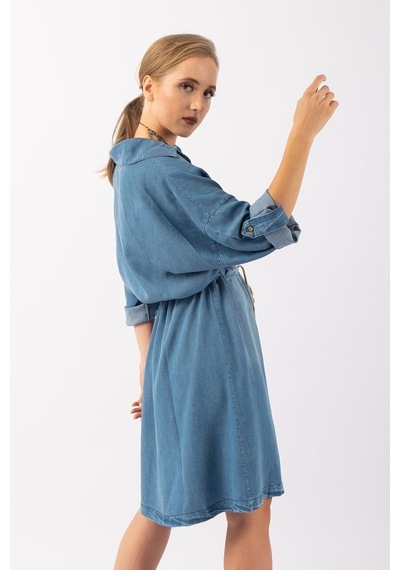 Bold & Young Kadın Lyocel Denim Kol Britli Kordonlu Elbise Mavi