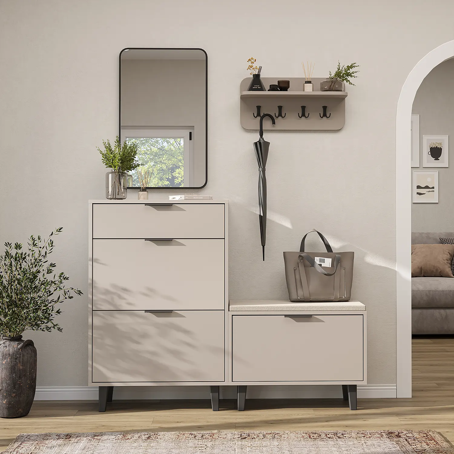 Nord Vestiyer Takımı Kapaklı Askılıklı Ayakkabılık Dolabı, Bench, Modüler, Aynalı Portmanto Takımı Kumtaşı Nord Vestiyer Takımı Kapaklı Askılıklı Ayakkabılık Dolabı, Bench, Modüler, Aynalı Portmanto Takımı Kumtaşı