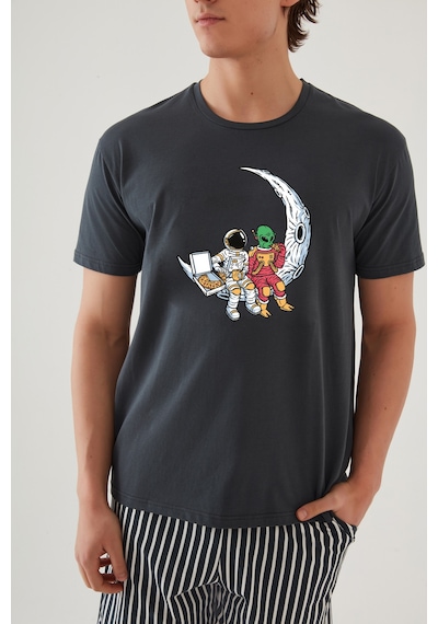 Erkek Pamuklu Füme Baskılı Cepli Şort Pijama Takımı Ke30324 Füme