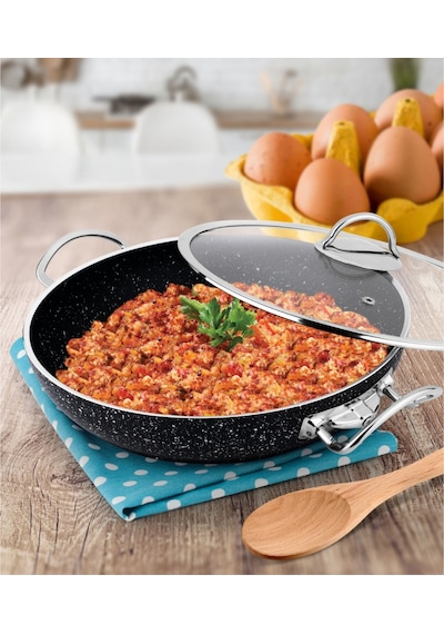 Lines Menemen Aşkı Cam Kapaklı Granit Tava 26 CM Siyah
