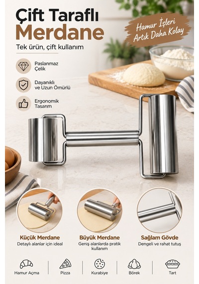 Çift Taraflı Paslanmaz Çelik Merdane Küçük Ve Büyük Hamur Açma Rulosu Ergonomik El Merdanesi