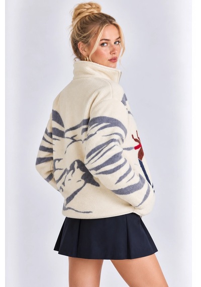 Mevese Cepli Ve Yarım Fermuarlı Dik Yaka Desenli Kadın Oversize Polar Sweat - Beyaz-gri Mevese Cepli Ve Yarım Fermuarlı Dik Yaka Desenli Kadın Oversize Polar Sweat - Beyaz-gri