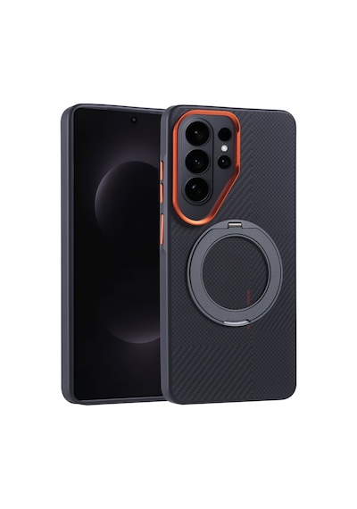 Maks Technology Galaxy Uyumlu S26 Ultra Kılıf M-safe Şarj Özellikli Karbon Fiber Görünümlü Mkst Standlı Troy Kapak - Turuncu