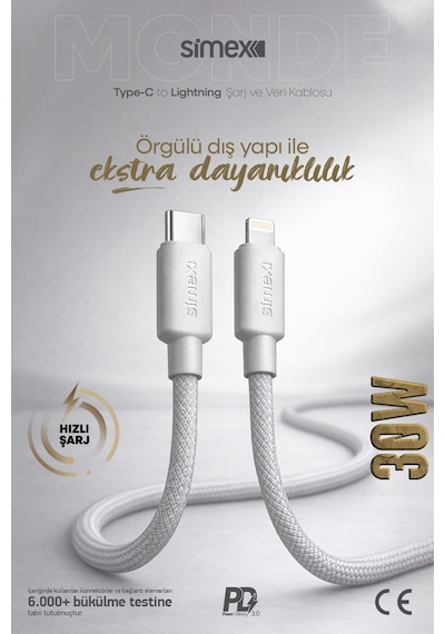 Simex 11 12 13 14 Pro Max Serisi Type-c To Lightning Hızlı Şarj Kablosu, Apple iPhone Uyumlu Şarj Kablosu, Gri, 1 Metre