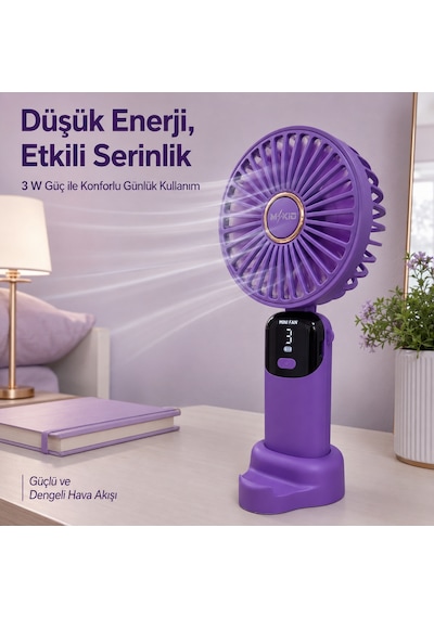 Mkio Şarjlı El Vantilatörü 5 Kademeli, Katlanabilir Dijital Ekranlı Mini El Fanı, 1200 Mah, 5 Pervaneli Güçlü Hava Akışı, Standlı Masaüstü Fan, Usb Şarjlı - Mor Renk