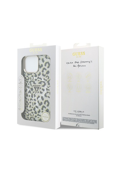 Apple Uyumlu iPhone 16 Pro Max Kılıf Guess Lisanslı M-safeli Üçgen Logolu Simli Leopar Desenli Kapak Siyah