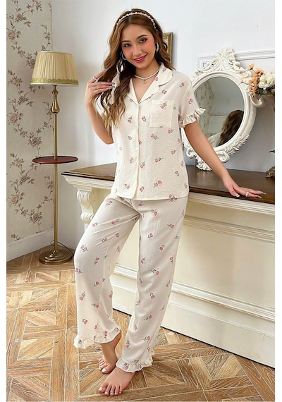 Bella Notte Çiçek Baskılı Fırfırlı Uzun Pijama Takımı Beyaz