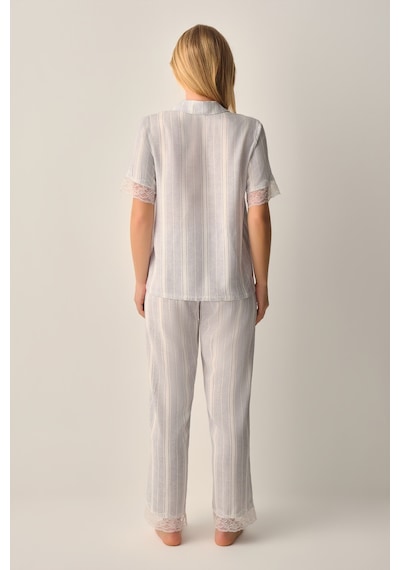 Suwen Princess Gömlek Yaka Pijama Takımı Sh26538660b1304 Gri Çizgi Desenli