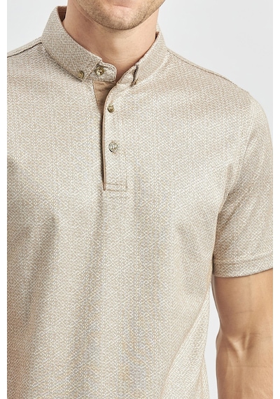 Bej Desenli Merserize Düğmeli Yaka Garnili Pamuklu Casual Slim Fit Dar Kesim Tişört 1011240164 Bej