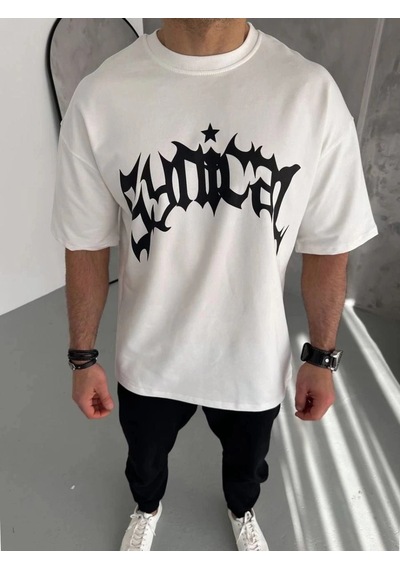 Freedom Storee Erkek Baskılı Bisiklet Yaka T-shirt - Beyaz Çok Renkli