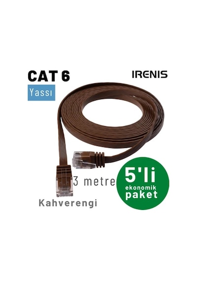 Irenıs 5 Adet 3 Metre Kahverengi Cat6 Kablo Yassı Ethernet Network Lan Ağ İnternet Kablosu