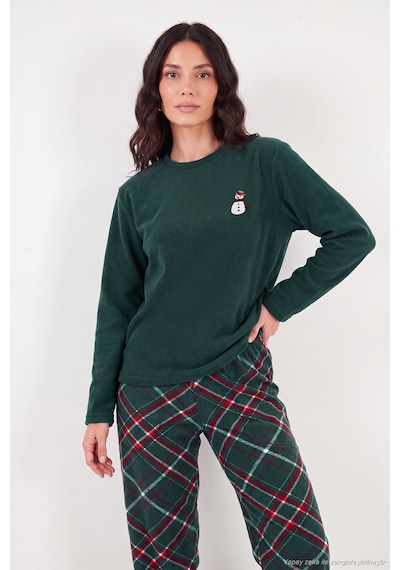 Lela Ekose Desenli Bisiklet Yaka Yumuşak Polar Pijama Takımı Kadın Pijama Takımı 6097059k Nefti