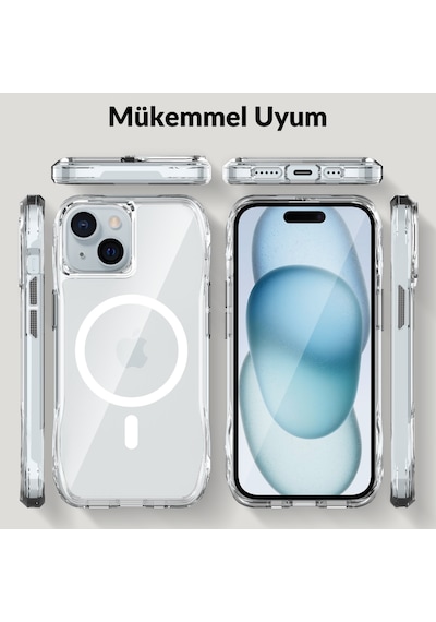 Bix iPhone Uyumlu 14 Plus / 15 Plus Octagon Hava Yastıklı Magsafe Kılıf Maksimum Korumalı Antrasit Kristal Şeffaf