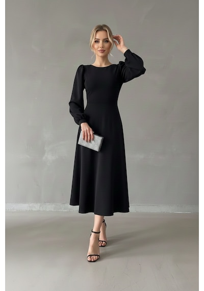 Defymoda Kadın Gün Boyu Rahat Midi Elbise Siyah